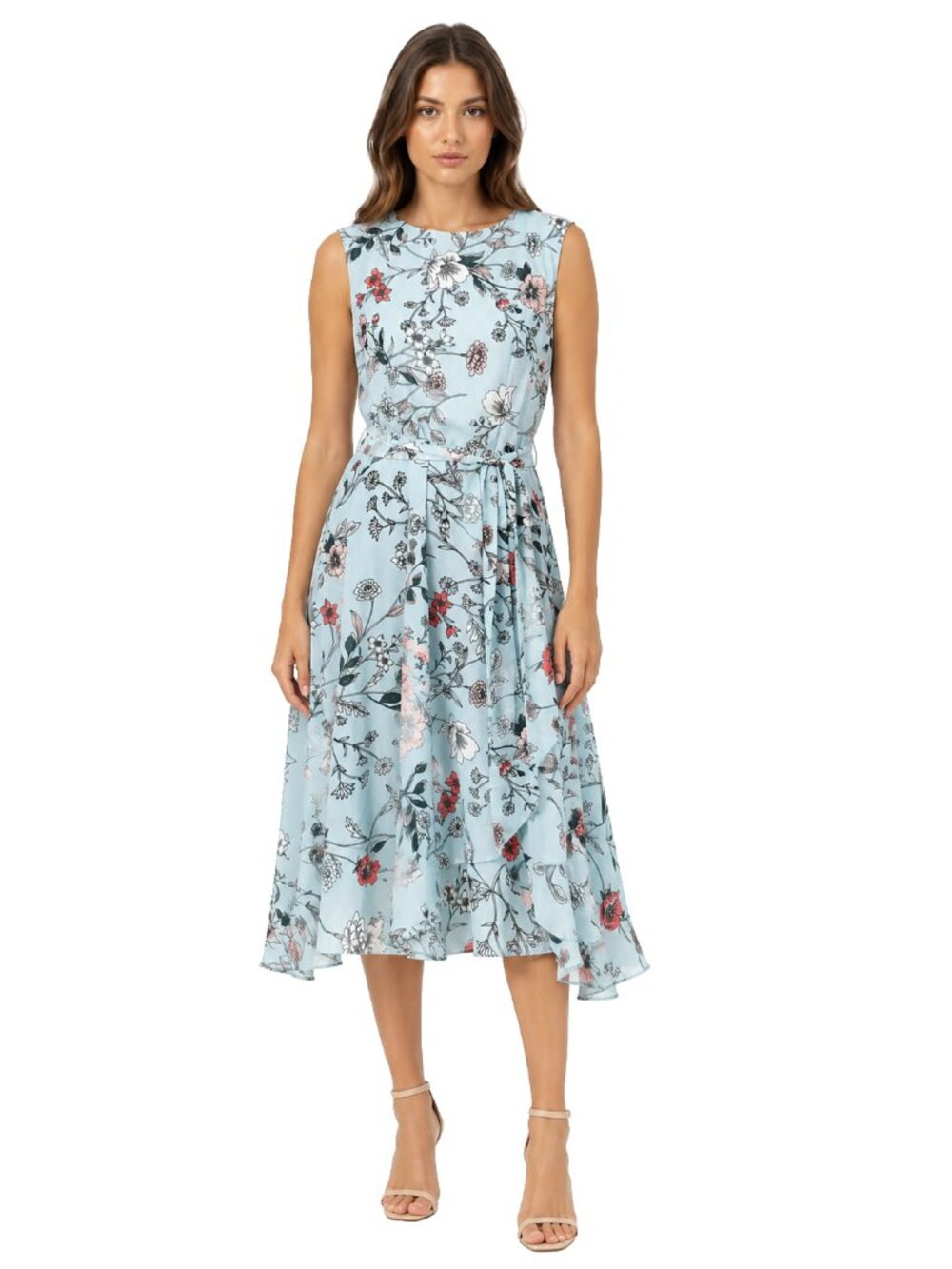 Sandra Darren Blue Floral Midi Dress Tie Waist Ruffle Hem Sleeveless Sz 10